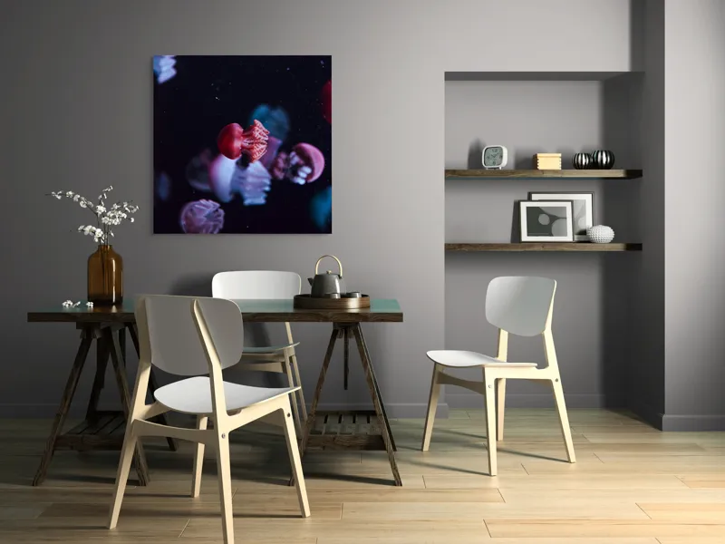 Tablou Canvas, "Dansul meduzelor sub acvariul nocturn", Meduze, Luminiscente, Dansatoare, Acvatice, Misterioase, Grațioase, Colorate, Plutitoare, 100 x 100 cm – poza 6