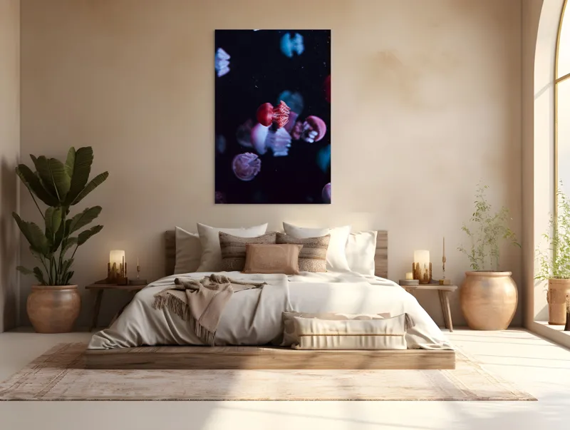 Tablou Canvas, "Dansul meduzelor sub acvariul nocturn", Meduze, Luminiscente, Dansatoare, Acvatice, Misterioase, Grațioase, Colorate, Plutitoare, 100 x 150 cm – poza 3