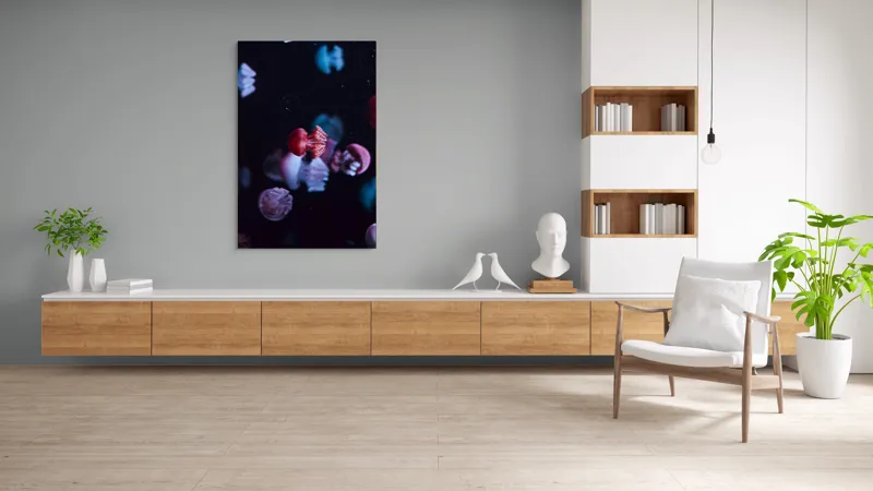 Tablou Canvas, "Dansul meduzelor sub acvariul nocturn", Meduze, Luminiscente, Dansatoare, Acvatice, Misterioase, Grațioase, Colorate, Plutitoare, 100 x 150 cm – poza 8
