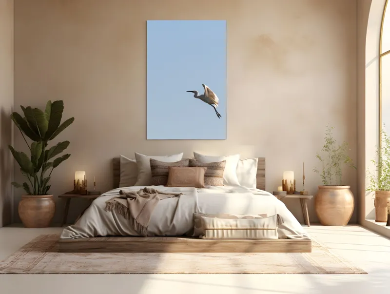 Tablou Canvas, "Egretul zburând sub cer senin", Pasăre, Zbor, Cer, Lumină, Libertate, Aripi, Serenitate, 100 x 150 cm – poza 3