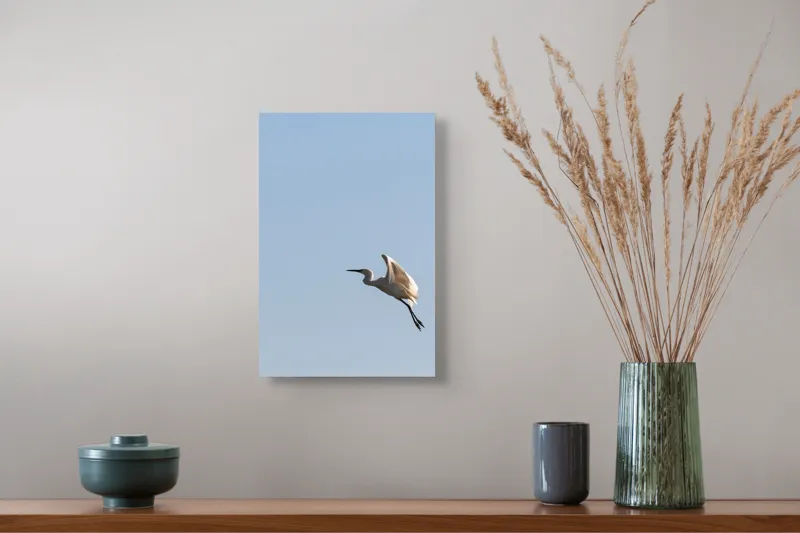 Tablou Canvas, "Egretul zburând sub cer senin", Pasăre, Zbor, Cer, Lumină, Libertate, Aripi, Serenitate, 26 x 39 cm – poza 5