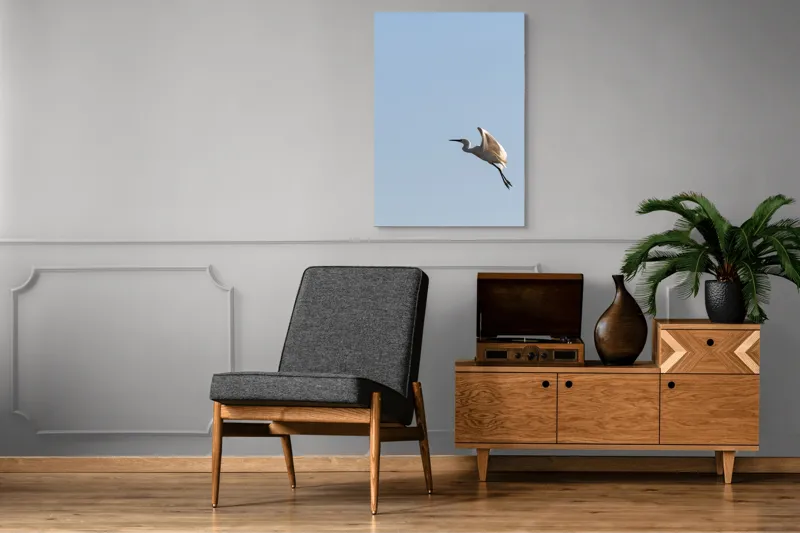 Tablou Canvas, "Egretul zburând sub cer senin", Pasăre, Zbor, Cer, Lumină, Libertate, Aripi, Serenitate, 70 x 100 cm – poza 6