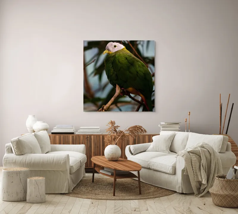 Tablou Canvas, "Papagalul verde pe o creangă.", Pasăre, Colorată, Frunze, Creangă, Natură, Penaj, Verde, Cioc., 100 x 100 cm – poza 3