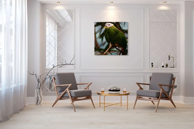 Tablou Canvas, "Papagalul verde pe o creangă.", Pasăre, Colorată, Frunze, Creangă, Natură, Penaj, Verde, Cioc., 100 x 100 cm – poza 7