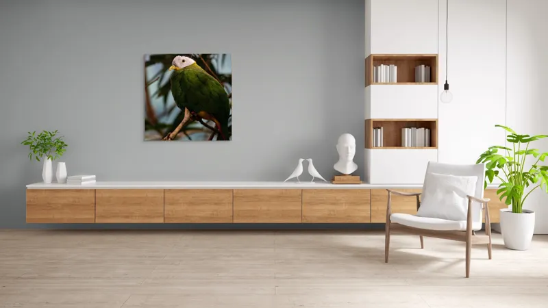 Tablou Canvas, "Papagalul verde pe o creangă.", Pasăre, Colorată, Frunze, Creangă, Natură, Penaj, Verde, Cioc., 100 x 100 cm – poza 8