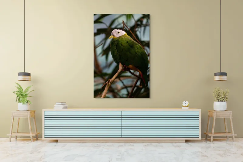 Tablou Canvas, "Papagalul verde pe o creangă.", Pasăre, Colorată, Frunze, Creangă, Natură, Penaj, Verde, Cioc., 100 x 150 cm – poza 4