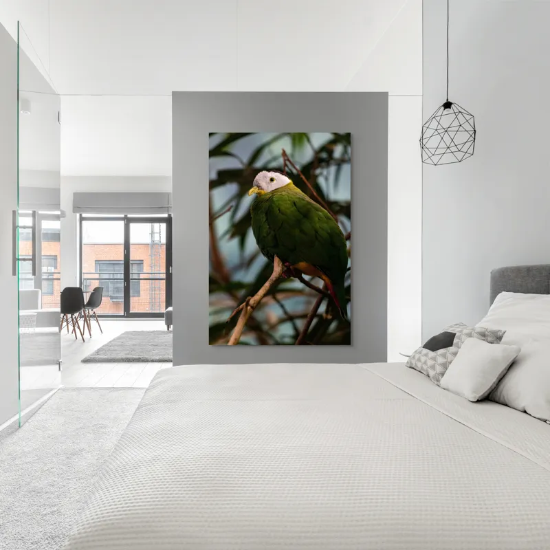 Tablou Canvas, "Papagalul verde pe o creangă.", Pasăre, Colorată, Frunze, Creangă, Natură, Penaj, Verde, Cioc., 100 x 150 cm – poza 5