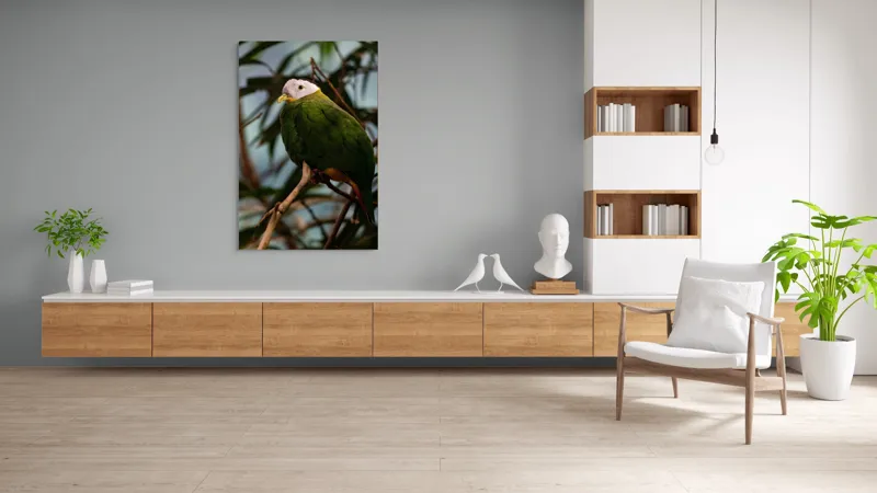 Tablou Canvas, "Papagalul verde pe o creangă.", Pasăre, Colorată, Frunze, Creangă, Natură, Penaj, Verde, Cioc., 100 x 150 cm – poza 8