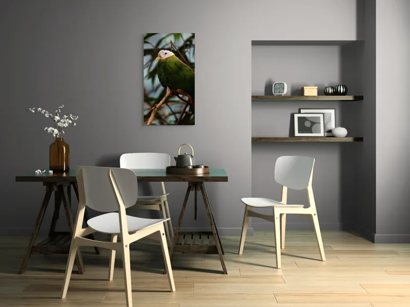 Tablou Canvas, "Papagalul verde pe o creangă.", Pasăre, Colorată, Frunze, Creangă, Natură, Penaj, Verde, Cioc., 50 x 90 cm – poza 4