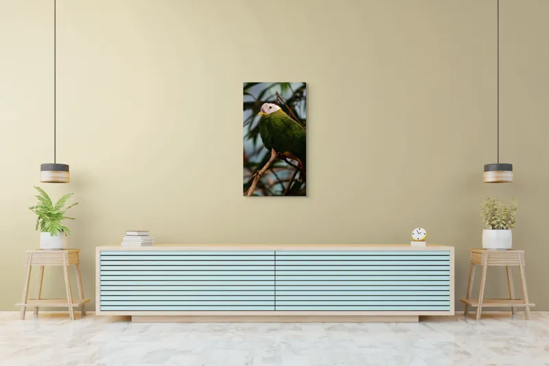 Tablou Canvas, "Papagalul verde pe o creangă.", Pasăre, Colorată, Frunze, Creangă, Natură, Penaj, Verde, Cioc., 50 x 90 cm – poza 6