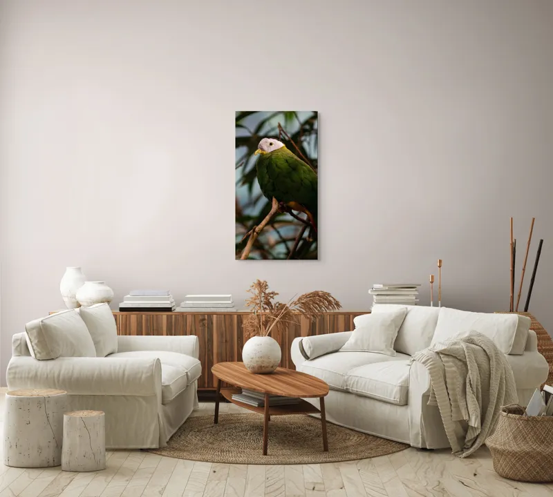Tablou Canvas, "Papagalul verde pe o creangă.", Pasăre, Colorată, Frunze, Creangă, Natură, Penaj, Verde, Cioc., 50 x 90 cm – poza 7