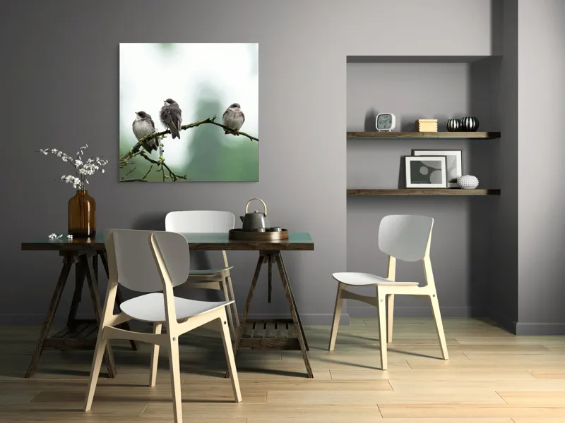 Tablou Canvas, "Trei păsări odihnindu-se pe ramură", Păsări, Ramură, Verde, Cer, Natură, Tranquilitate, Copaci, Pene, Speciale, Echilibru, 100 x 100 cm – poza 6