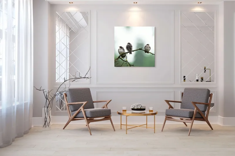 Tablou Canvas, "Trei păsări odihnindu-se pe ramură", Păsări, Ramură, Verde, Cer, Natură, Tranquilitate, Copaci, Pene, Speciale, Echilibru, 100 x 100 cm – poza 7