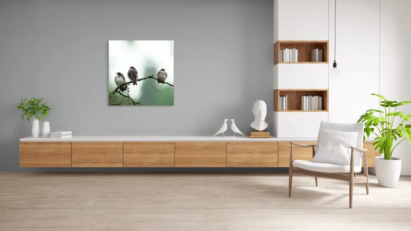 Tablou Canvas, "Trei păsări odihnindu-se pe ramură", Păsări, Ramură, Verde, Cer, Natură, Tranquilitate, Copaci, Pene, Speciale, Echilibru, 100 x 100 cm – poza 8