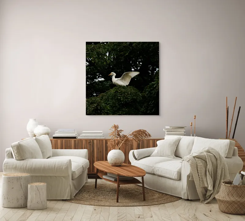 Tablou Canvas, "Egreta aripilor deschise în pădure", Pasăre, Albă, Aripi, Copac, Frunze, Natură, Elegantă., 100 x 100 cm – poza 3