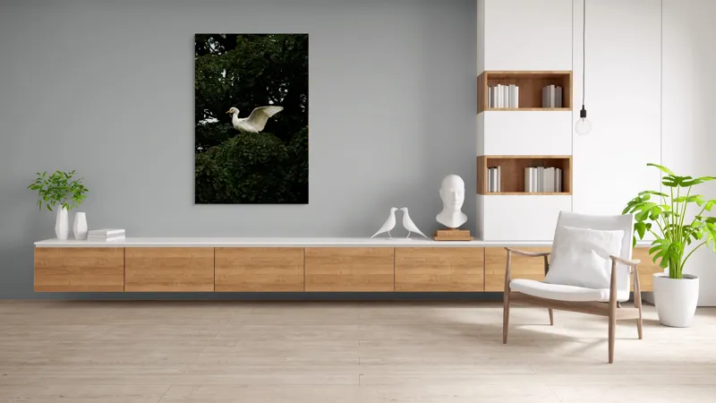 Tablou Canvas, "Egreta aripilor deschise în pădure", Pasăre, Albă, Aripi, Copac, Frunze, Natură, Elegantă., 100 x 150 cm – poza 8