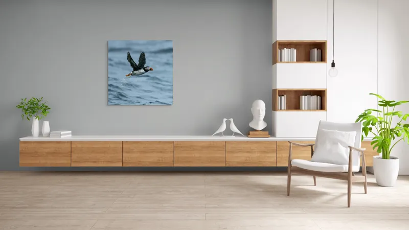Tablou Canvas, "Zborul pufinului deasupra mării", Puffin, Zbor, Ocean, Pene, Aripi, Cer, Valuri, Natura, Libertate, Eleganta, 100 x 100 cm – poza 8