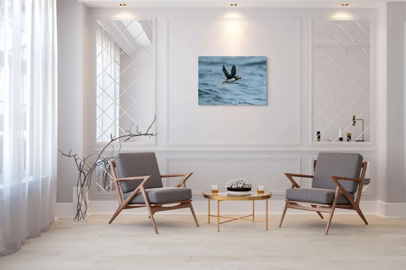 Tablou Canvas, "Zborul pufinului deasupra mării", Puffin, Zbor, Ocean, Pene, Aripi, Cer, Valuri, Natura, Libertate, Eleganta, 100 x 70 cm – poza 5