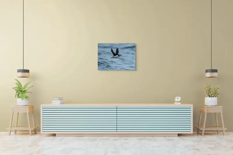 Tablou Canvas, "Zborul pufinului deasupra mării", Puffin, Zbor, Ocean, Pene, Aripi, Cer, Valuri, Natura, Libertate, Eleganta, 70 x 50 cm – poza 7