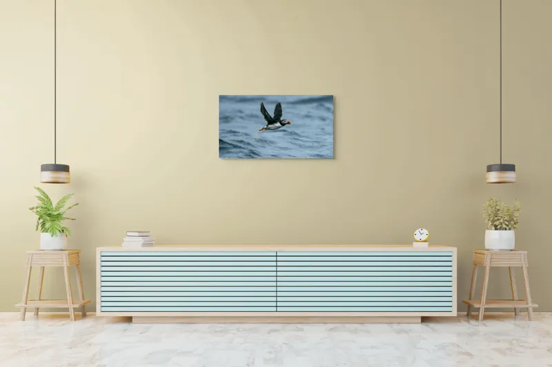 Tablou Canvas, "Zborul pufinului deasupra mării", Puffin, Zbor, Ocean, Pene, Aripi, Cer, Valuri, Natura, Libertate, Eleganta, 90 x 50 cm – poza 5