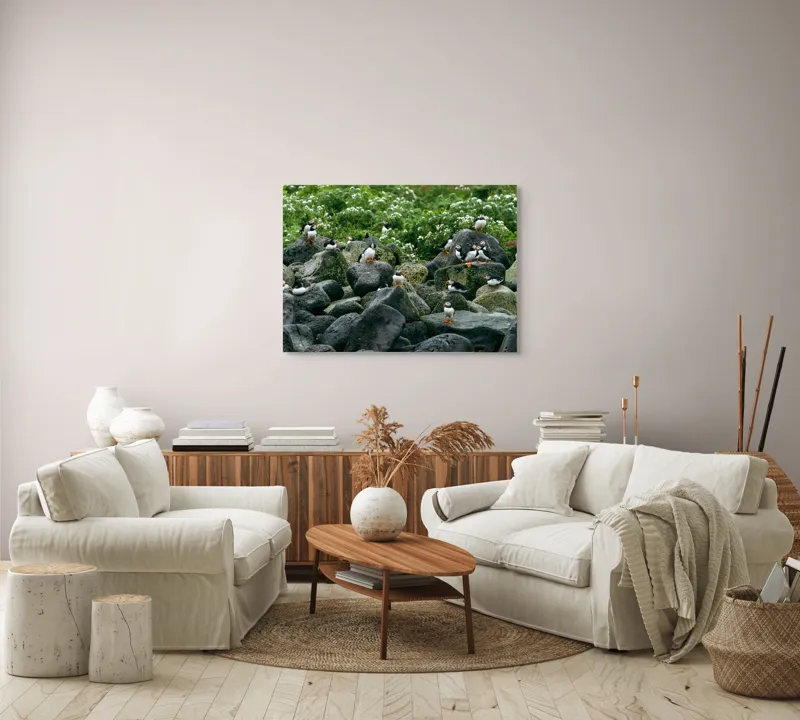 Tablou Canvas, "Colonie de puffini pe stânci verzi", Puffins, Stânci, Verdeață, Flori, Păsări, Ocean, Natură, Peisaj, Culoare, Viață., 100 x 70 cm – poza 3