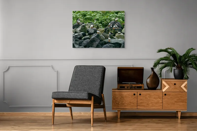 Tablou Canvas, "Colonie de puffini pe stânci verzi", Puffins, Stânci, Verdeață, Flori, Păsări, Ocean, Natură, Peisaj, Culoare, Viață., 100 x 70 cm – poza 8