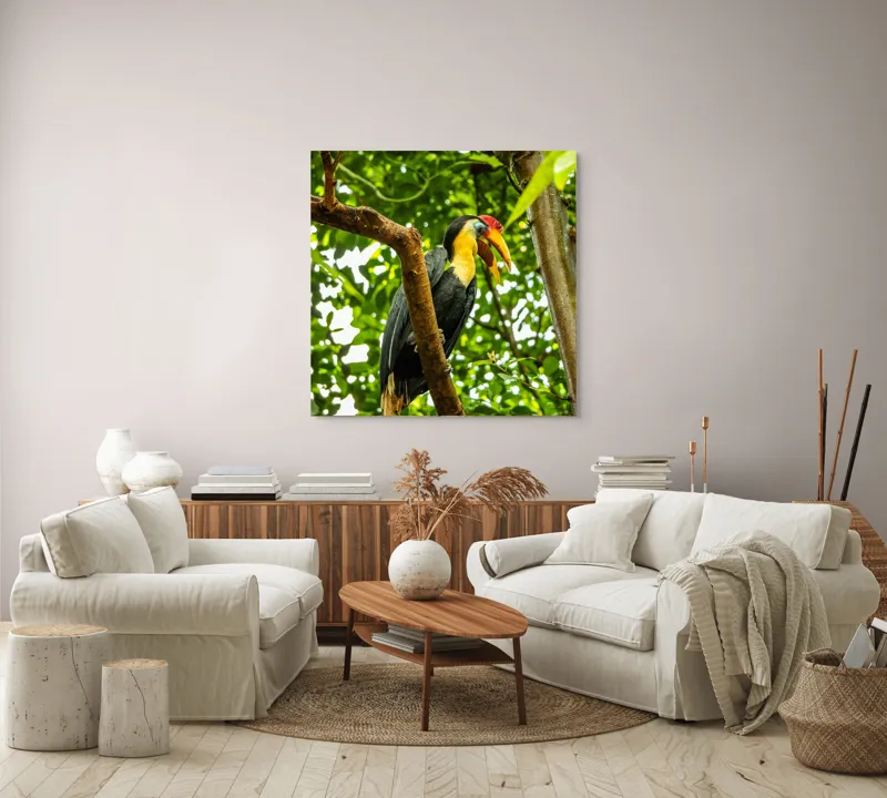 Tablou Canvas, "Pasărea exotica printre frunze verzi", Pasăre, Ramură, Frunze, Pădure, Natură, Colorit, Cioc, Penaj, 100 x 100 cm – poza 3