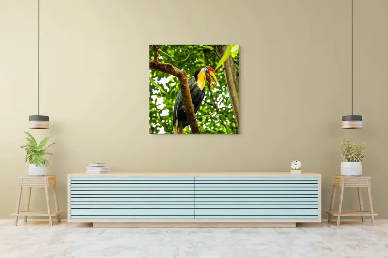 Tablou Canvas, "Pasărea exotica printre frunze verzi", Pasăre, Ramură, Frunze, Pădure, Natură, Colorit, Cioc, Penaj, 100 x 100 cm – poza 5