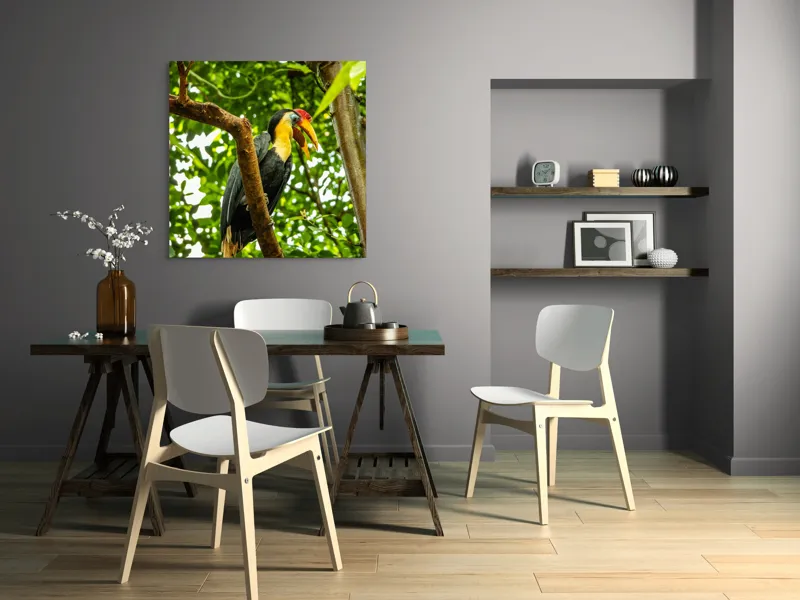 Tablou Canvas, "Pasărea exotica printre frunze verzi", Pasăre, Ramură, Frunze, Pădure, Natură, Colorit, Cioc, Penaj, 100 x 100 cm – poza 6