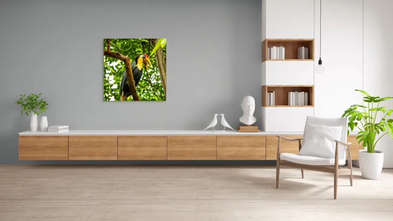 Tablou Canvas, "Pasărea exotica printre frunze verzi", Pasăre, Ramură, Frunze, Pădure, Natură, Colorit, Cioc, Penaj, 100 x 100 cm – poza 8