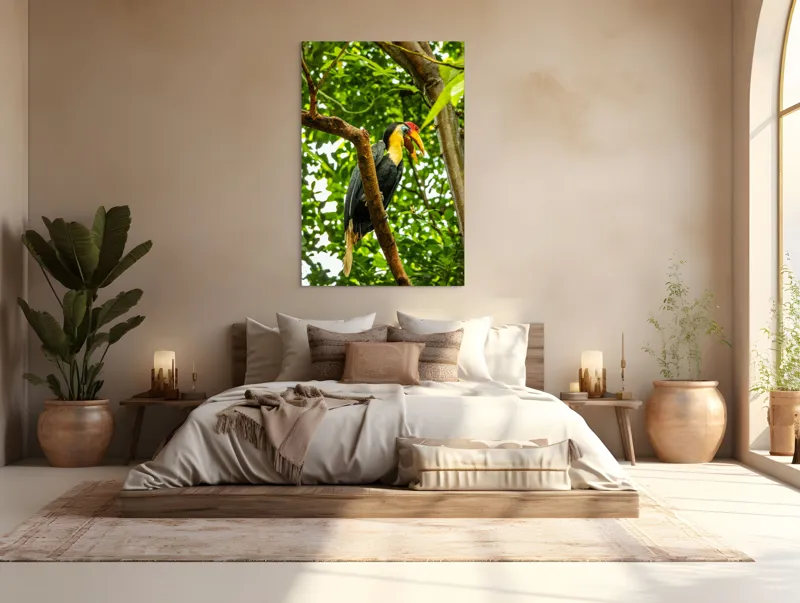 Tablou Canvas, "Pasărea exotica printre frunze verzi", Pasăre, Ramură, Frunze, Pădure, Natură, Colorit, Cioc, Penaj, 100 x 150 cm – poza 3