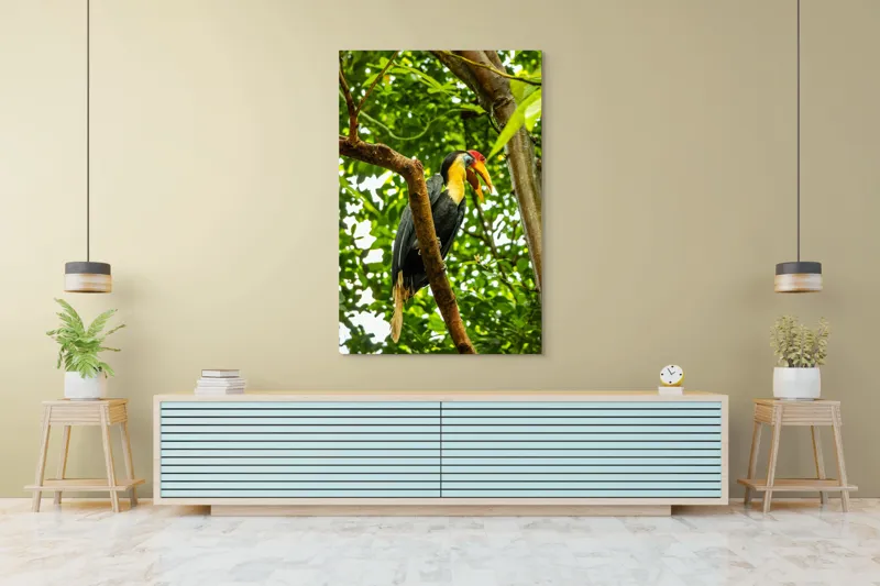 Tablou Canvas, "Pasărea exotica printre frunze verzi", Pasăre, Ramură, Frunze, Pădure, Natură, Colorit, Cioc, Penaj, 100 x 150 cm – poza 4