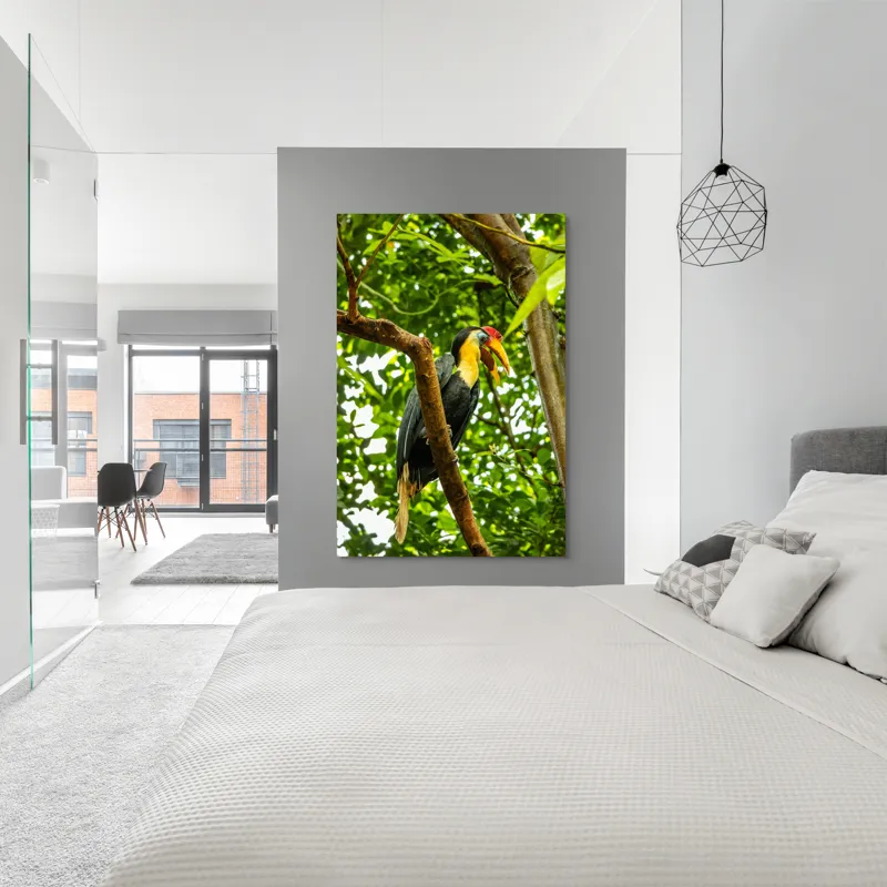 Tablou Canvas, "Pasărea exotica printre frunze verzi", Pasăre, Ramură, Frunze, Pădure, Natură, Colorit, Cioc, Penaj, 100 x 150 cm – poza 5