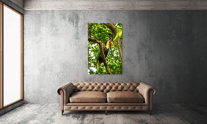 Tablou Canvas, "Pasărea exotica printre frunze verzi", Pasăre, Ramură, Frunze, Pădure, Natură, Colorit, Cioc, Penaj, 100 x 150 cm – poza 6
