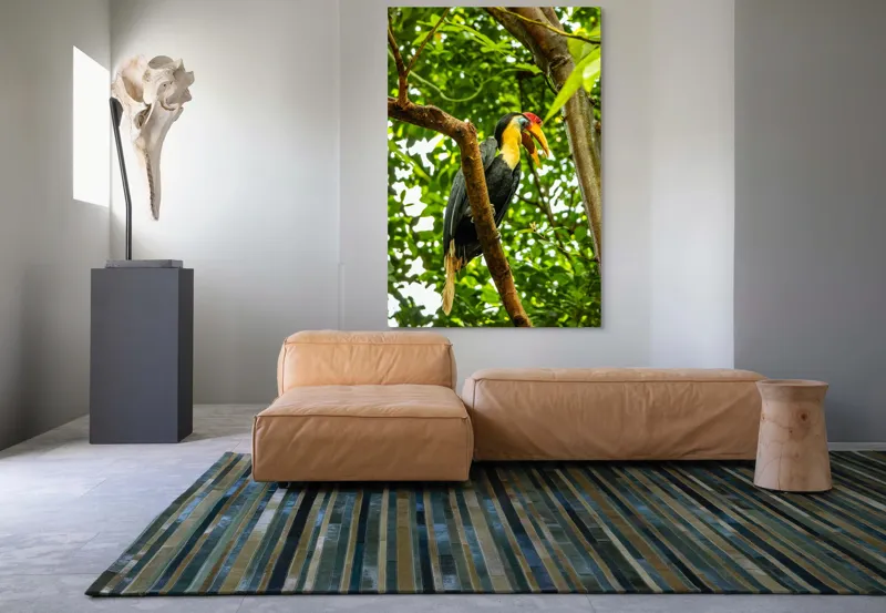 Tablou Canvas, "Pasărea exotica printre frunze verzi", Pasăre, Ramură, Frunze, Pădure, Natură, Colorit, Cioc, Penaj, 100 x 150 cm – poza 7