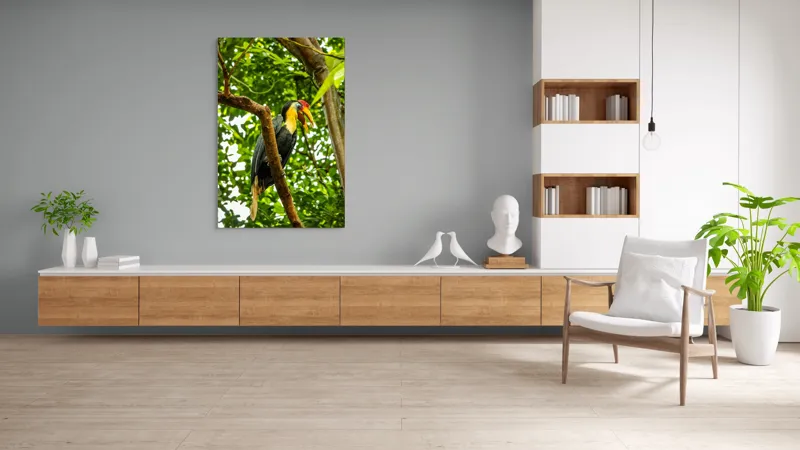Tablou Canvas, "Pasărea exotica printre frunze verzi", Pasăre, Ramură, Frunze, Pădure, Natură, Colorit, Cioc, Penaj, 100 x 150 cm – poza 8