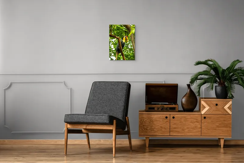 Tablou Canvas, "Pasărea exotica printre frunze verzi", Pasăre, Ramură, Frunze, Pădure, Natură, Colorit, Cioc, Penaj, 39 x 54 cm – poza 8