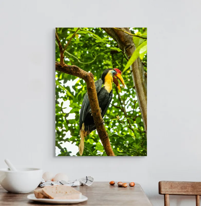 Tablou Canvas, "Pasărea exotica printre frunze verzi", Pasăre, Ramură, Frunze, Pădure, Natură, Colorit, Cioc, Penaj, 50 x 70 cm – poza 3