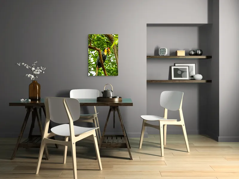 Tablou Canvas, "Pasărea exotica printre frunze verzi", Pasăre, Ramură, Frunze, Pădure, Natură, Colorit, Cioc, Penaj, 50 x 70 cm – poza 5
