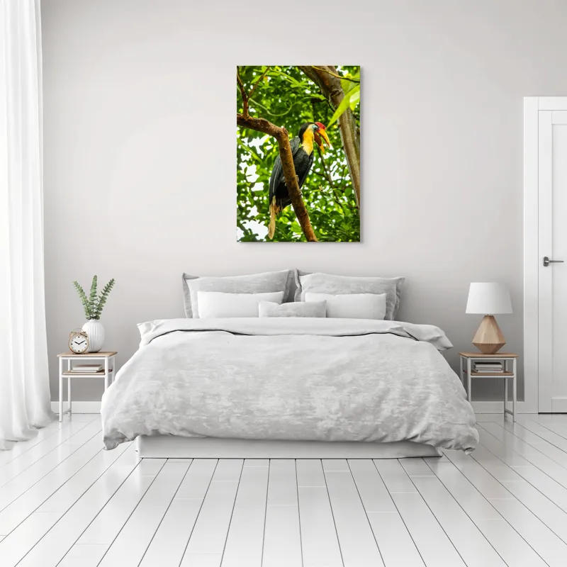 Tablou Canvas, "Pasărea exotica printre frunze verzi", Pasăre, Ramură, Frunze, Pădure, Natură, Colorit, Cioc, Penaj, 70 x 100 cm – poza 3