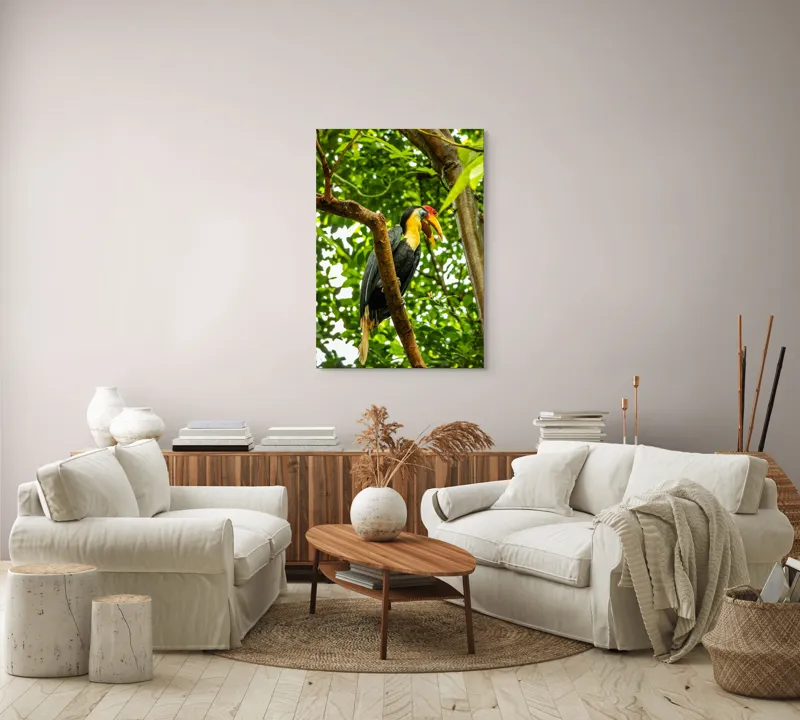 Tablou Canvas, "Pasărea exotica printre frunze verzi", Pasăre, Ramură, Frunze, Pădure, Natură, Colorit, Cioc, Penaj, 70 x 100 cm – poza 4