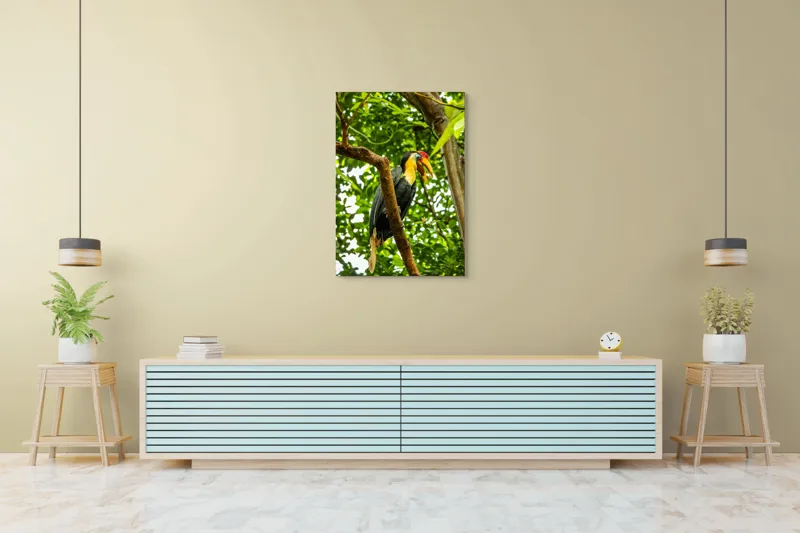 Tablou Canvas, "Pasărea exotica printre frunze verzi", Pasăre, Ramură, Frunze, Pădure, Natură, Colorit, Cioc, Penaj, 70 x 100 cm – poza 5
