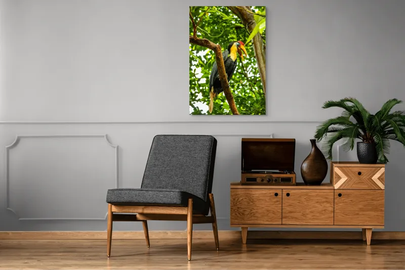 Tablou Canvas, "Pasărea exotica printre frunze verzi", Pasăre, Ramură, Frunze, Pădure, Natură, Colorit, Cioc, Penaj, 70 x 100 cm – poza 6