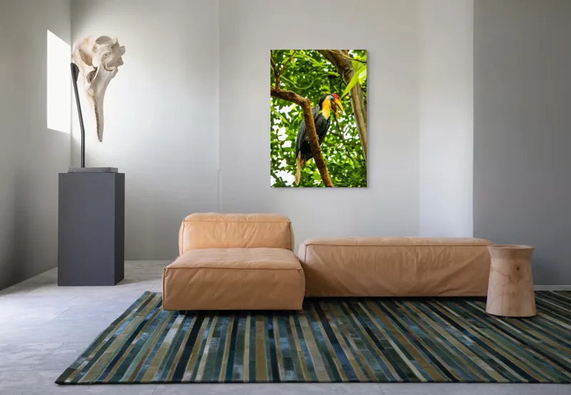Tablou Canvas, "Pasărea exotica printre frunze verzi", Pasăre, Ramură, Frunze, Pădure, Natură, Colorit, Cioc, Penaj, 70 x 100 cm – poza 7