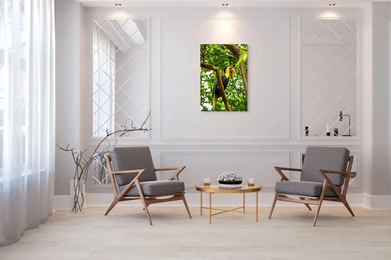 Tablou Canvas, "Pasărea exotica printre frunze verzi", Pasăre, Ramură, Frunze, Pădure, Natură, Colorit, Cioc, Penaj, 70 x 100 cm – poza 8