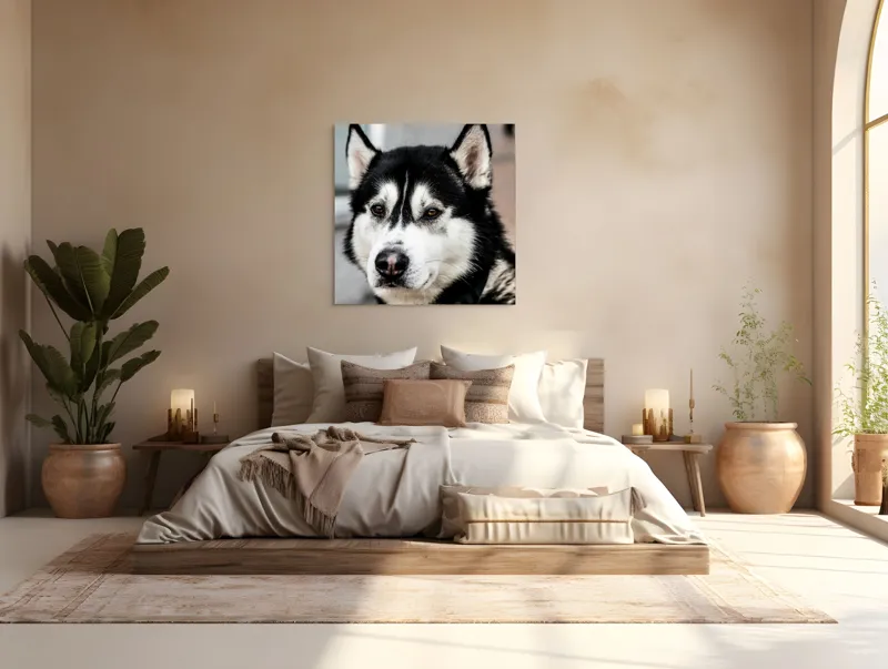Tablou Canvas, "Husky atent privind în zare", Câine, Husky, Blană, Alb, Negru, Urechi, Curiozitate, Privire, Nas, Guler, 100 x 100 cm – poza 4