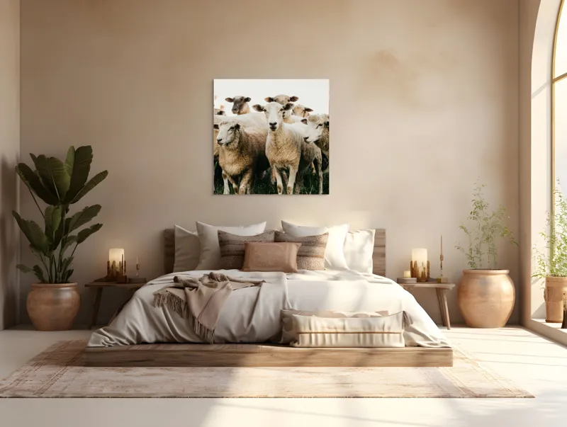 Tablou Canvas, "Oile adunate în zori liniștite", Oi, Turmă, Iarbă, Blană, Apropiere, Natură, Calm, Verde, Pășune, Animale, 100 x 100 cm – poza 4