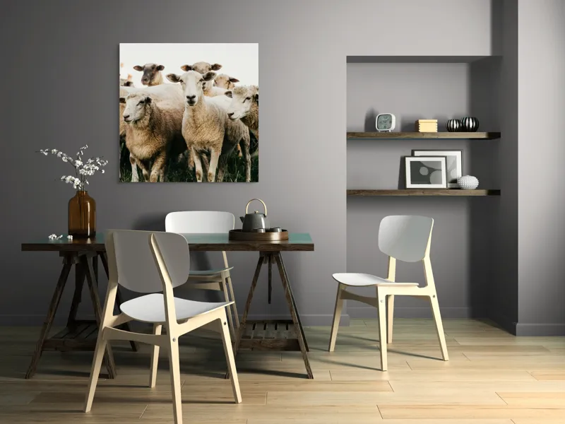 Tablou Canvas, "Oile adunate în zori liniștite", Oi, Turmă, Iarbă, Blană, Apropiere, Natură, Calm, Verde, Pășune, Animale, 100 x 100 cm – poza 6