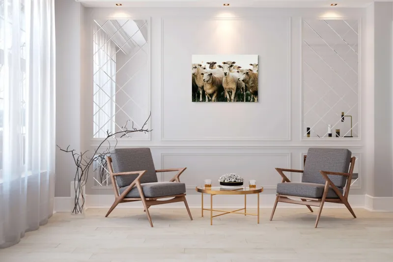 Tablou Canvas, "Oile adunate în zori liniștite", Oi, Turmă, Iarbă, Blană, Apropiere, Natură, Calm, Verde, Pășune, Animale, 100 x 70 cm – poza 5