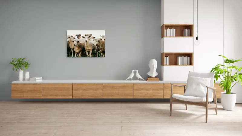 Tablou Canvas, "Oile adunate în zori liniștite", Oi, Turmă, Iarbă, Blană, Apropiere, Natură, Calm, Verde, Pășune, Animale, 100 x 70 cm – poza 6